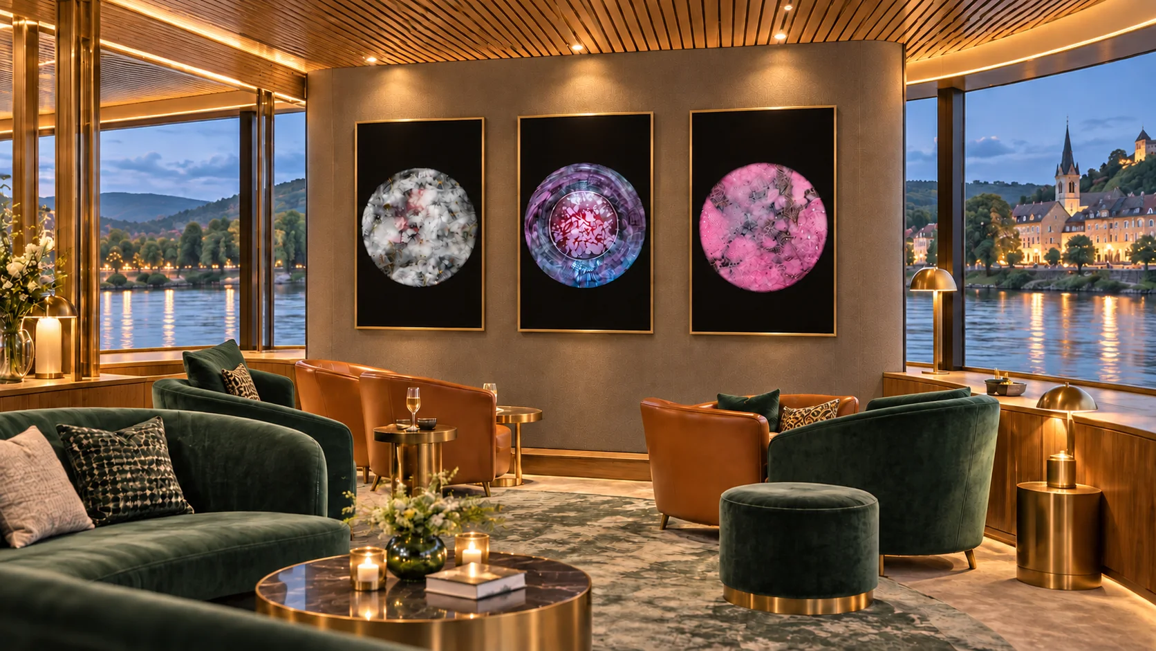 Patrick Desgraupes VAT Collection displayed in a panorama lounge aboard a river cruise ship