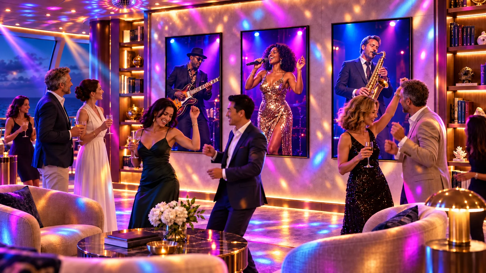 A virtual funk band, dancing guests and colourful light turn the same space into a celebration.