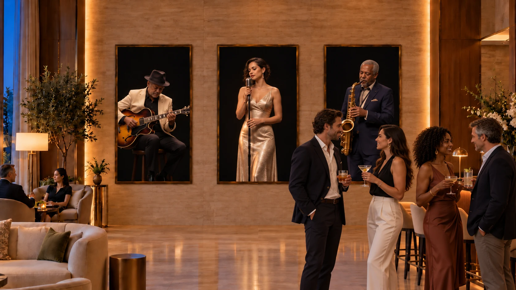 Músicos virtuales a tamaño real acompañan las copas y la conversación.