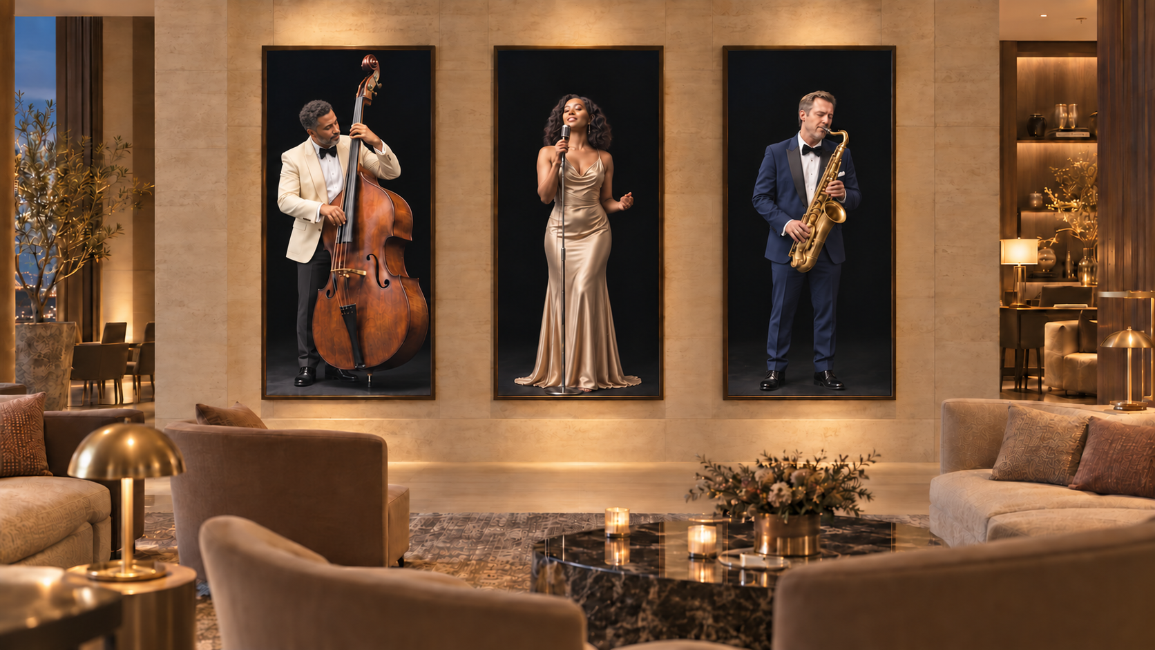 Trío de jazz a tamaño real en tres pantallas verticales separadas en un salón de hotel